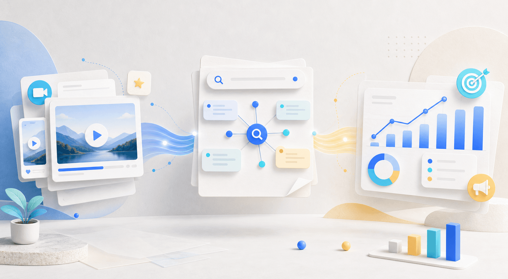 Abstract illustration of content, search, and ads capabilities working together