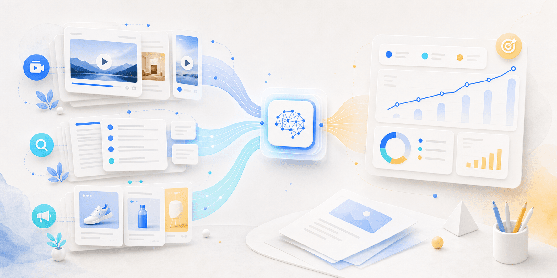 Abstract illustration of social content, search, and ads growth flowing into one platform
